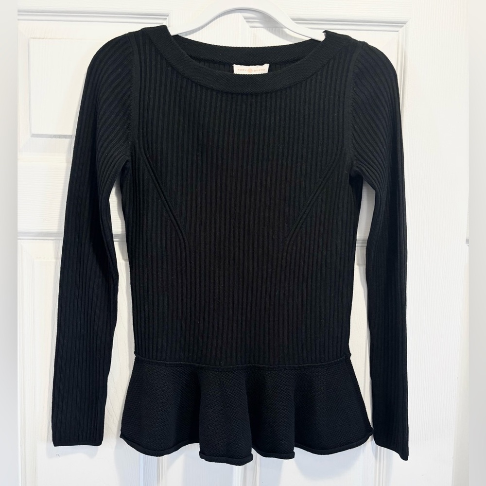Tory Burch Ramona Merino Wool Sweater Peplum Ribbed Crew Neck Black Size Small